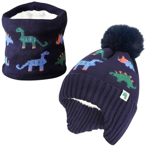FCXVXCL Boys Winter Hat and Scarf Set, Baby Kids Pom Pom Beanie Hat, Winter Hats for Kids, Thickening Soft Warm Knitted Beanie Hats Neck Warmer Set, Dinosaur Hat, Setfor Girls Boys Children Aged 2-4