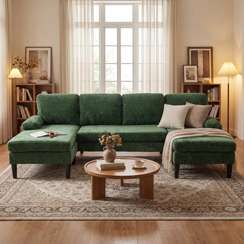 COSTWAY Hörnsoffa med sovfunktion, U-formad soffa för 5–6 sittplatser, manchester, bäddsoffa med armstöd, vardagsrum, modern bäddsoffa för vardagsrum (grön)