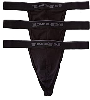 Papi Men's 3-Pack Premium Fashion Cotton Active Stretch Thong, Black, Large