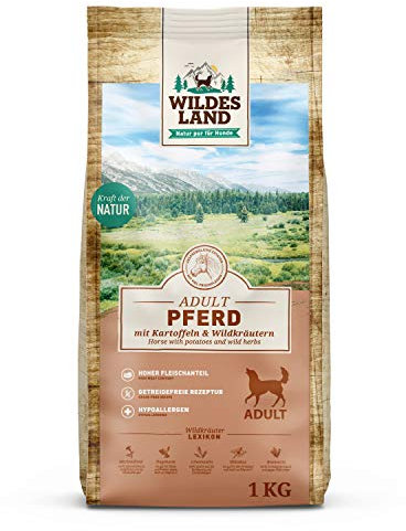 Wildes Land - Nr. 3 Pferd - 1 kg - mit Kartoffeln und Wildkräutern - Glutenfrei & Hypoallergen - Trockenfutter für Hunde - Hundefutter mit hohem Fleischanteil Hohe Verträglichkeit