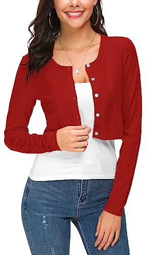 Mujeres Casual Manga Larga Bolero Cuello Redondo Corta Cárdigan Elástico Suéter de Punto Shrug con Botones (M, Rojo)