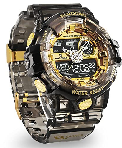 PINDOWS Herren-Armbanduhr, digital, Sport, Herren, mit wasserdichtem Licht, 3 Gruppen, Alarm, Analog, Digital, Countdown, Stoppuhr etc. Multifunktions-Armbanduhr, Aschgold, Riemen