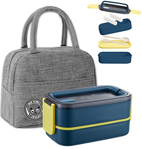 Haoh Bento Lunch Box Kit,1400 ml Double Couche Boite Repas avec Couverts et Sac Isotherme Repas, Hermétique Boîtes Bento pour Pique-Nique, Travail, Goûter, Bento Box pour Micro Ondes(Bleu Foncé