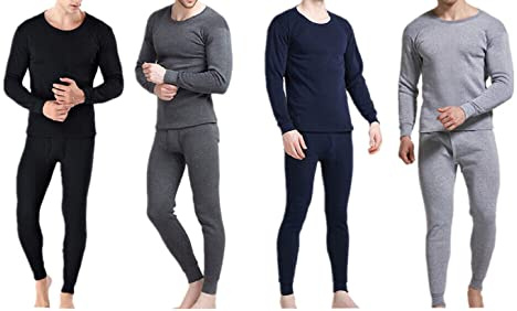 Goyoma Men Winter Fleece Lined 100% Cotton Thermal Long Johns Top Bottom Underwear Set, Dary Gary, Medium