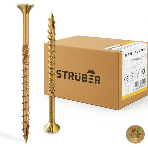 STRÜBER Vis à bois à tête fraisée à empreinte Torx pour structures en bois (6x100 mm / 100 pièces) - Vis pour terrasse bois - Vis à panneaux d'aggloméré - Vis de construction de toit - Jaune
