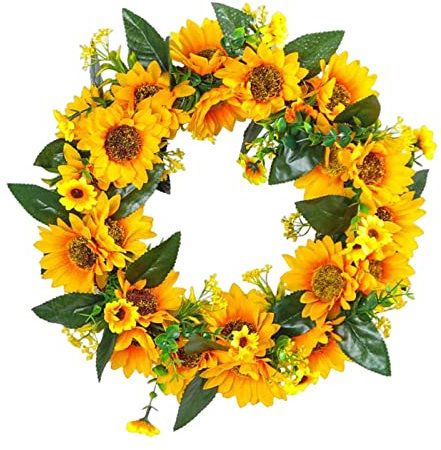 Qianly Artificial Flower Wreath Sunflower Wreath Decorative Garland Hanger Hanging Ornament Front Door Wreath for Fireplace Housewarming Window