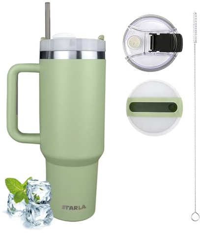 STARLA Termosmugg med sugrör och handtag 1,2 l stor, 2 lock, läckagesäker, rostfritt stål isoleringskopp, kaffemugg To Go vattenkopp, resemugg, drickmugg med handtag (lagerblad)