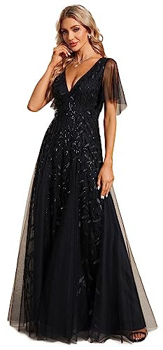 Ever-Pretty Women's V Neck Short Sleeve Elegant Floor Length A Line Long Tulle Evening Dresses Black 20UK