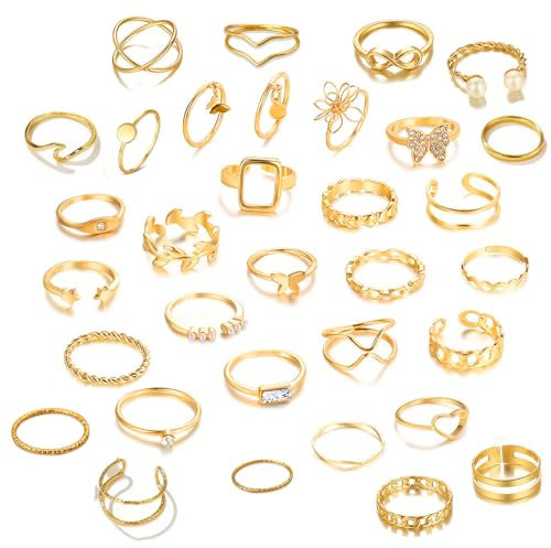 LOCCY 33 PCS Vintage Gold Knuckle Ringe Set für Frauen Teen Girls, böhmisch stapelbare Gelenkfinger Ringe Verstellbarer klobiger Finger, Boho Butterfly Snake Stackbare Fingerringe