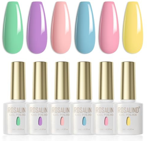 ROSALIND Vernis Semi Permanent,6 Couleurs Bonbon Vert Violet Rose Bleu Jaune Printemps Eté Vernis à Ongles Soak Off UV LED Gel Nail Polish Manucure Nail Art Kit