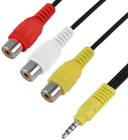 Adaptateur Câble Audio Vidéo 3,5 mm Mâle vers 3 RCA Femelle - Connecteur Jack TRRS vers RCA pour Lecteur DVD, Magnétoscope, Consoles de Jeux Rétro, TV, Samsung AV, Unité de Tête de Voiture - 1 Pack