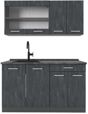 Vicco Singleküche R-Line, Schwarz Beton, 140 cm AP Anthrazit, zur flexiblen Erweiterung mit weiteren Modulen geeignet