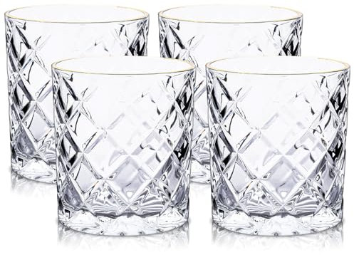 Raisaplin Whiskey Glasses Set of 4 with Gold Rim, 350ml/ 12oz Crystal Old Fashioned Rocks Barware Scotch Bourbon Whiskey Tumblers Snifter for Cognac Vodka Cocktail Drinks Rum Liquor Bar Gifts