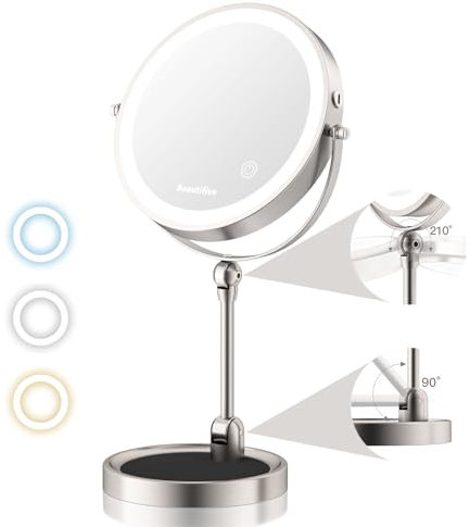 Beautifive Rechargeable Makeup Mirror With Lights, 12X/1X Magnifying, Height Angle Adjustable & 3 Color Dimmable, 360° Rotation Double Sided Light Up