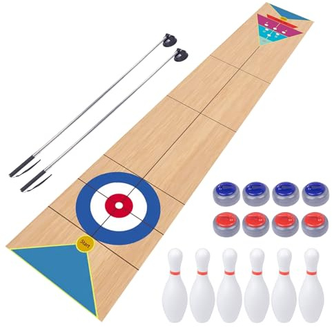 WodGod 11.8’L Shuffleboard, Curling and Bowling 3 in 1 Board Game Set,with 11.8 Foot Game Mat,2 Cues,8 Curling Rocks,6 Bowling Pins,Fun Family Game