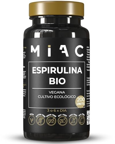 MIAC Espirulina 2400 mg por dosis diaria - 200 Cápsulas - Suplemento Nutricional Energía y Saciante - 100% BIO - Vitaminas y Minerales - Vegano - Sin Gluten