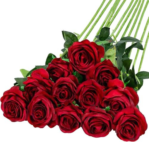 GIUSOBG Rosas Artificiales Flores 12 PCS 20in Rojas de Seda con Tallo Largo Ramo de Rosas Artificiales de Seda Realista Largo Tallo Flores Rosas Artificiales，para arreglos de Boda(Rojo)