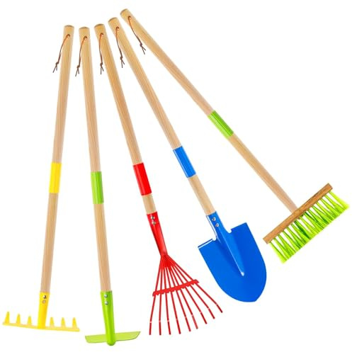 Kids Gardening Tools Set 27.5 Metal Shovels Detachable Spades with Wooden Handles for Kids Digging & Shoveling, Garden Toys with Long Shovel, Rake, Hoe, Leaf Rake, Broom