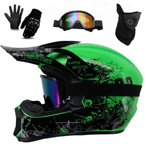Casco de Motocicleta EléCtrica Todoterreno, para NiñOs Y NiñAs, Quads, BMX, MTB, ATV, Todoterreno, con Gafas, Guantes Y Mascarilla, Aprobado por Dot(226 Green Floral,S(52-55CM))