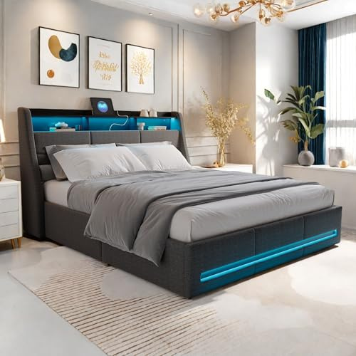 FreeWind Cama tapizada doble de 140 x 190 cm, cama hidráulica con espacio de almacenamiento, cajones e iluminación LED, cama de almacenamiento con función de carga USB y somier, estructura de cama con