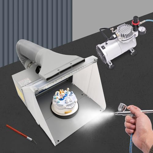 HTDRE Kit per aerografia - Compressore Portatile con Cabina di verniciatura a spruzzo e Luce LED, compressore da 1/6 HP e Pistole a spruzzo per verniciatura di Modelli e Decorazione di Torte