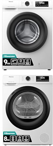 Bundle of Hisense WF1Q9041BW Freestanding 9 KG Front Load Washing Machine, 1400 RPM White - Energy Rating A + Hisense DH1Q802BW2 60cm 8 KG Heatpump Tumble Dryer, Auto Dry, Allergy Care - White