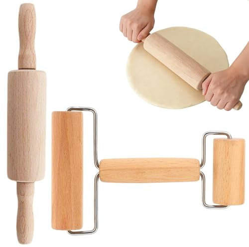 Touosy 2 Piezas Rodillo Cocina Utensilios de Cocina, Rodillos de Amasar en Madera Haya Superficie Antiadherente con Rodamientos para Hornear Pizza Pasta Galletas Pastelería