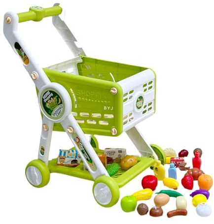 FJMQHU Chariot de Courses pour Enfants, Chariot avec 30 Accessoires pour Faire Les Courses, Chariot de Courses