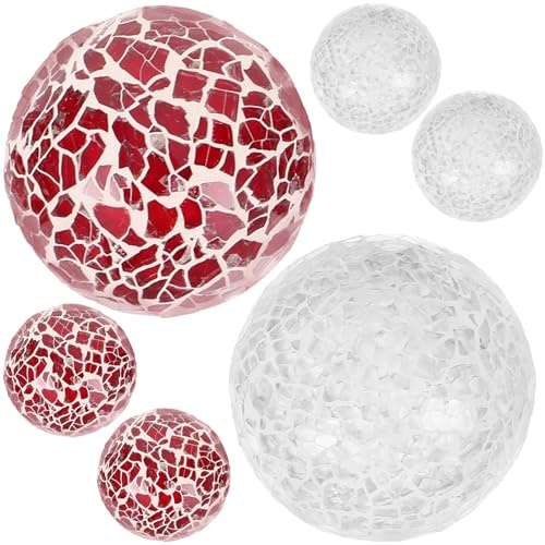 Housoutil 6pcs Mosaic Decorative Balls Set 6cm White and Pink Glass Sphere Ornaments for Tabletop Home Decor Christmas Centerpiece Desktop Sphere Ball Accents