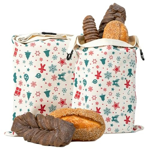 Paquete de 2 bolsas de pan reutilizables de cera de abejas con hebilla, almacenamiento de algodón de gran capacidad para pan casero, de masa fermentada y fresco Christmas Edition