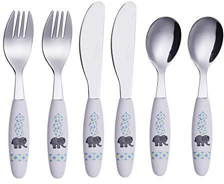 EXZACT Kinderbesteck 6 teiliges Edelstahl - Spülmaschinengeeignet -Kinderbesteckset ab 2 Jahre - 2 x Gabeln, 2 x Sicherheitsmesser, 2 x Esslöffel (Elefant x 6)