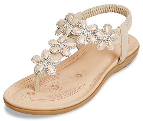 ZOEREA Women's Flat Sandals, T-Strap Rhinestone Flower Bead Sandals, Ladies Summer Folk Boho Clip Toe Flip Flops Shoes, 6 UK, Apricot 3