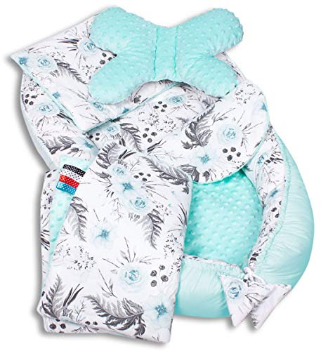 PaLulli 3-TLG Baby Ausstattung-Set Kuschelnest Babynest 95x55cm Baby-Matratze Kuscheldecke Babybett 100% Baumwolle Hypoallergisch Für 0-8 Monate (Türkises Garten)
