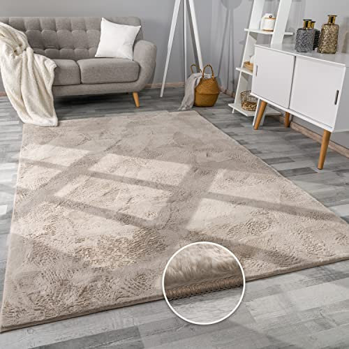 Paco Home Alfombra para Salón en Falsa Piel Suave Lavable Moderna Elegante Fácil de Limpiar Efecto Piel Uni Brillante Fluffy a Pelo Corto, tamaño:160x220 cm, Color:Beige