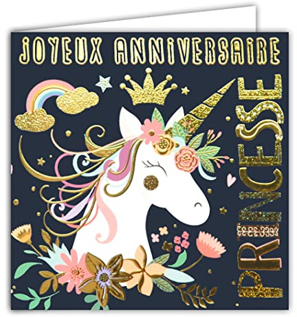 Afie Carte Carrée Dorée Or Joyeux Anniversaire Princesse Licorne Arc-en-ciel Couronne Fleurs