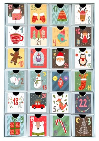 Calendario dell'Avvento da riempire, con 24 cassetti, calendario fai da te, 38 x 26 x 6 cm, numeri e motivi graziosi