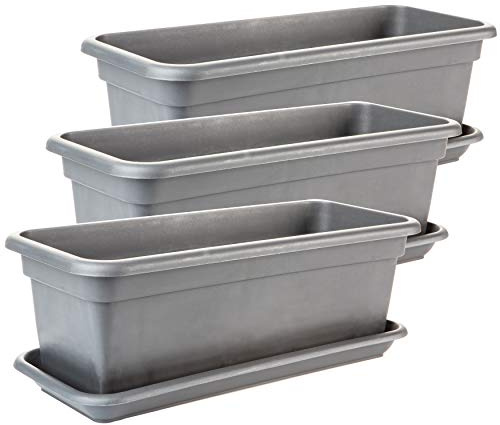 Blumenkasten Balkon mit Untersetzer 40cm, 3er Set Blumenkästen Balkonkasten, Platzsparender Blumenkasten Fensterbank außen Perfekt für kleine Räume, hochwertiger Kunststoff, Model:Elias Made in EU