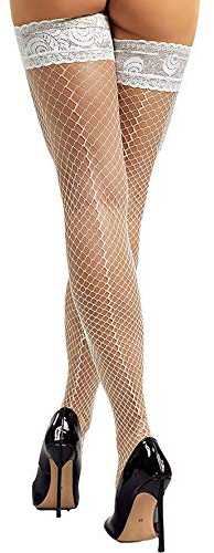 JarseHera Seam Back Fishnet Thigh High Stockings Silicone Lace Top Lingerie Stay Up Sheer Nylon Hosiery (1 Pair,White, Small/Medium)