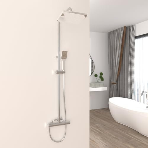 Plumbsys Duschsystem mit Thermostat,Chrom,10 zoll Quadrat Regendusche mit armatur,Duscharmatur mit Thermostat 38°C,Duschkopf mit automatischer Reinigung,Thermostat Anti-Verbrühungs Duschset
