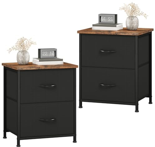 Somdot Black Bedside Table Set of 2, Bedroom Bedside Cabinet with 2 Fabric Drawers, Nightstand Side Table for Kids Living Room Dorm, Black Rustic Brown