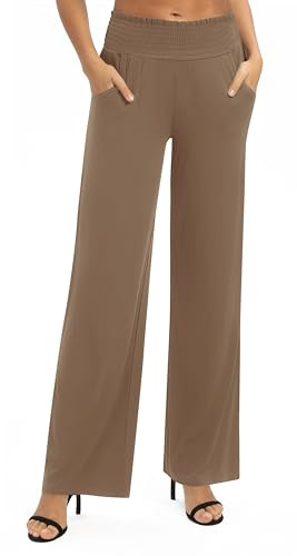 Urban CoCo Womens High Waist Flowy Palazzo Pants Elastic Waist Wide Leg Stretchy Straight Leg Dressy Casual Lounge Trousers (Camel, L)