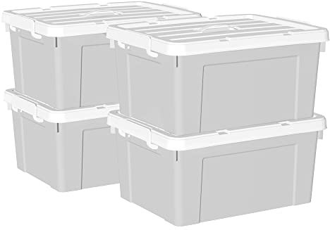 Cetomo 45 l x 4 Kunststoff-Aufbewahrungsbox, Tragetasche, Organisationsbehälter mit robustem Deckel und sicheren Verriegelungsschnallen, stapelbar und stapelbar, 4 Stück, grau mit Schnalle