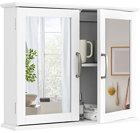 RELAX4LIFE Bathroom Wall Cabinet, Double Door Mirrored Storage Cupboard with Inner Shelf, Space-Saving Medicine Cabinet Organizer for Kitchen Living Room Entryway (White)