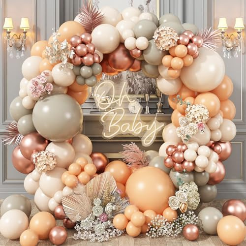 Double Stuffed Nude Balloon Arch Kit, 109 PCS Beige Neutral Balloon Garland Kit, Metallic Rose Gold Boho Balloons Latex Apricot Balloons for Baby Shower Bridal Wedding Bachelorette Party Decorations