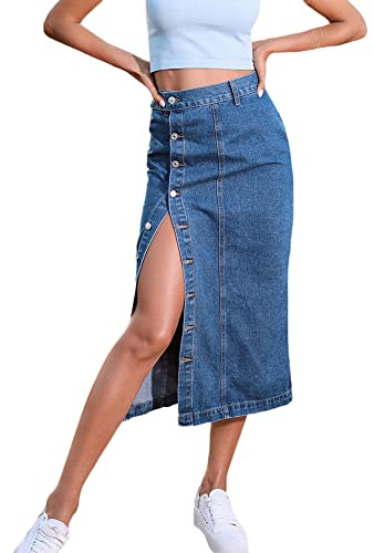 Falda Vaquera para Mujer Falda de Mezclilla de Cintura Alta con Botones y Abertura Lateral Verano Casual Falda Larga Recta Falda Vaquera Midi Lápiz Corte Ajustado Falda Dividida Vintage