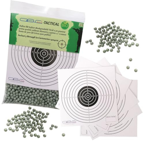 Glac Store® Pallini BB in Busta Biodegradabili Bio 500gr da 6mm per Softair Verdi Bianchi 0,20 0,23 0,25 Grammi con 5 Bersagli in Cartoncino 14x14 (0,20 gr Verdi 2500 Pezzi)