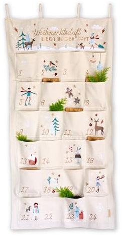 Pappersdrake adventskalender 2025 – som väggkalender – fin jul – beige – högkvalitativt broderat med julmotiv – för att fylla själv – med generösa fickor – set 46