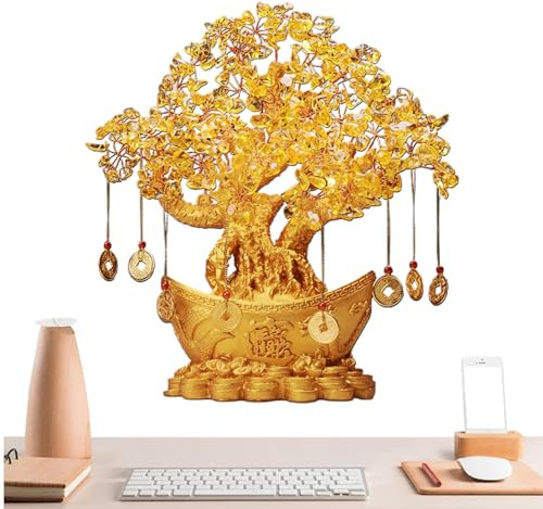 Crystal Money Tree - Golden Citrine Good Luck Bonsai for Prosperity and Abundance | Glittering Gemstone Crystal Coin Tree for Table, Desk, Shop, Home