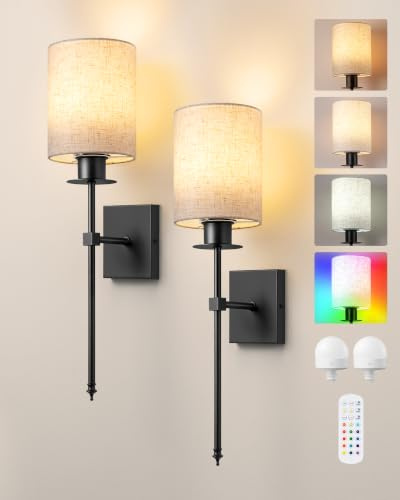 EDISHINE Wireless Wall Sconces Set of 2, Rechargeable LED Wall Lamp, Dimmable Wall Light Not Hardwired Fixture, USB Charging Bulbs with Remote, Modern Linen Lampshade Wall Light for Bedroom Hallway