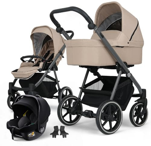 my junior® NOAX² 3-in-1-Kinderwagen inkl. Babyschale, Liegewanne, Sportsitz, Adapter, geräumiger Einkaufskorb (Urban Beige)